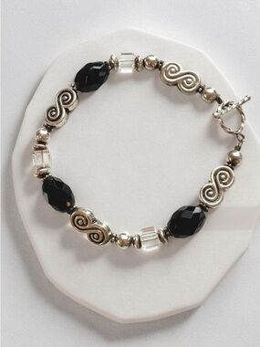 Sterling, Crystal and Onyx Bead  Bracelet fit up to 7” inches